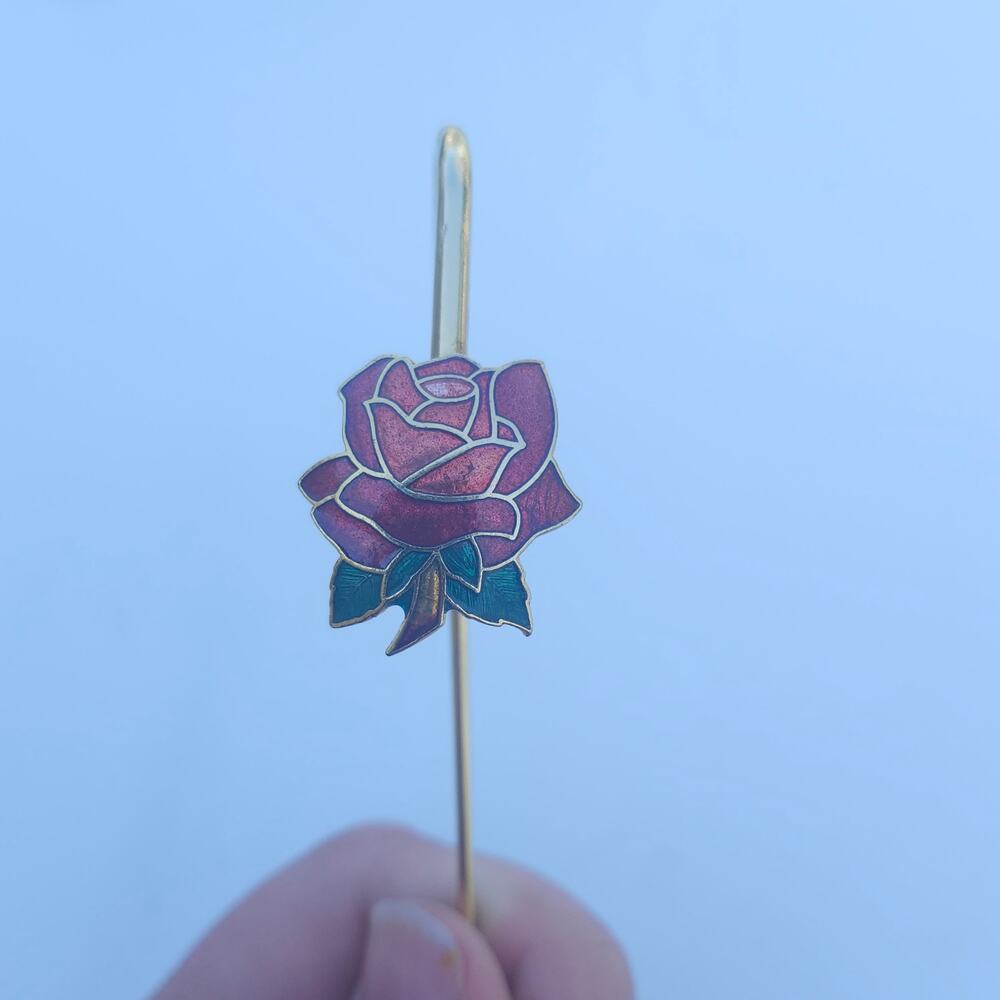 Gold Tone Metal Bookmark Red Green Rose Cloisonne Enamel Book Hook Reader Gift